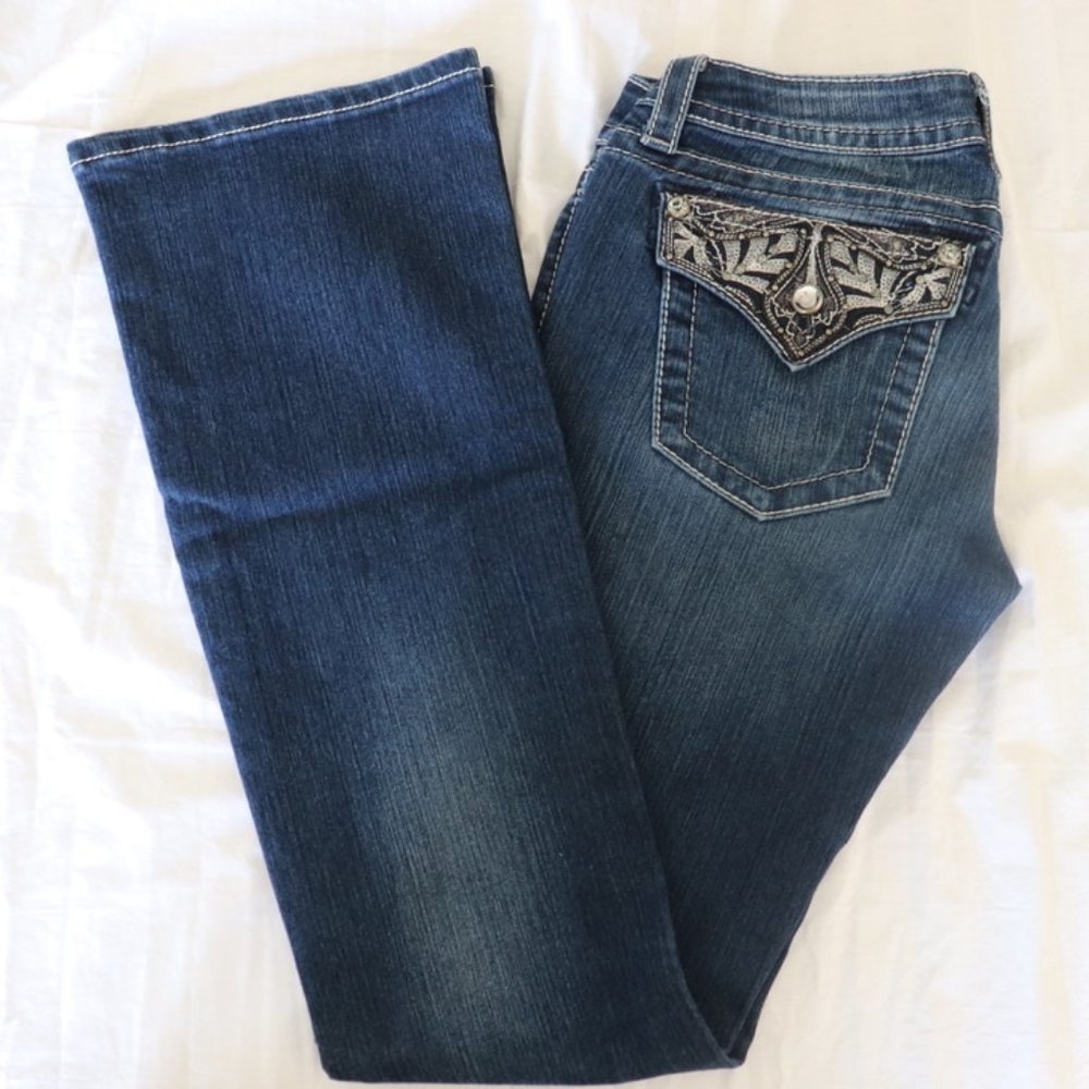 MISS ME Boot Cut Blue Jeans JP5909B2 Boot w/ Flap Pockets Size 28